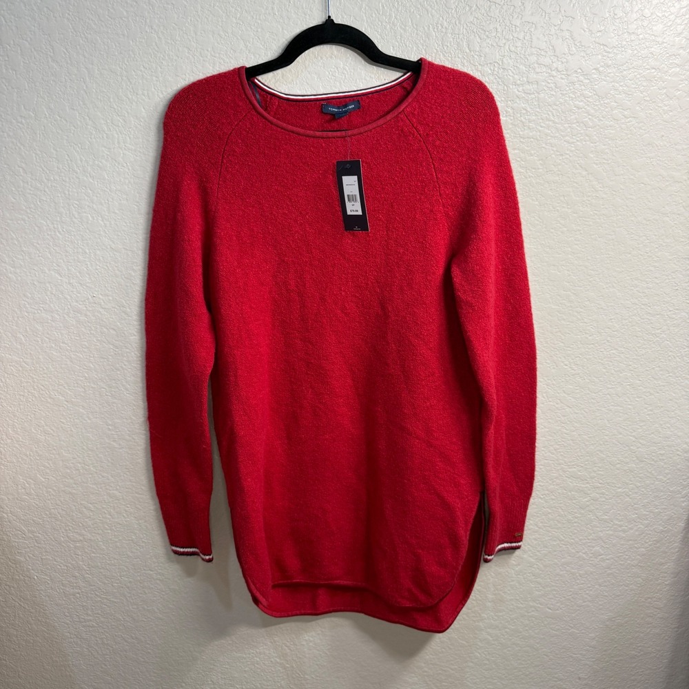 NEW Tommy Hilfiger Womens Red Terry Textured Knit Sweater Wool Blend Raglan Sz S
